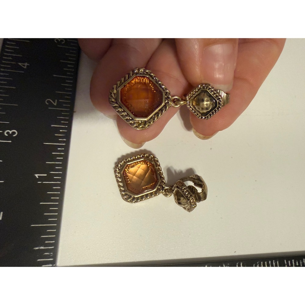 Vintage‎ Gold Tone Amber Faceted Glass Square Clip On Drop Earrings